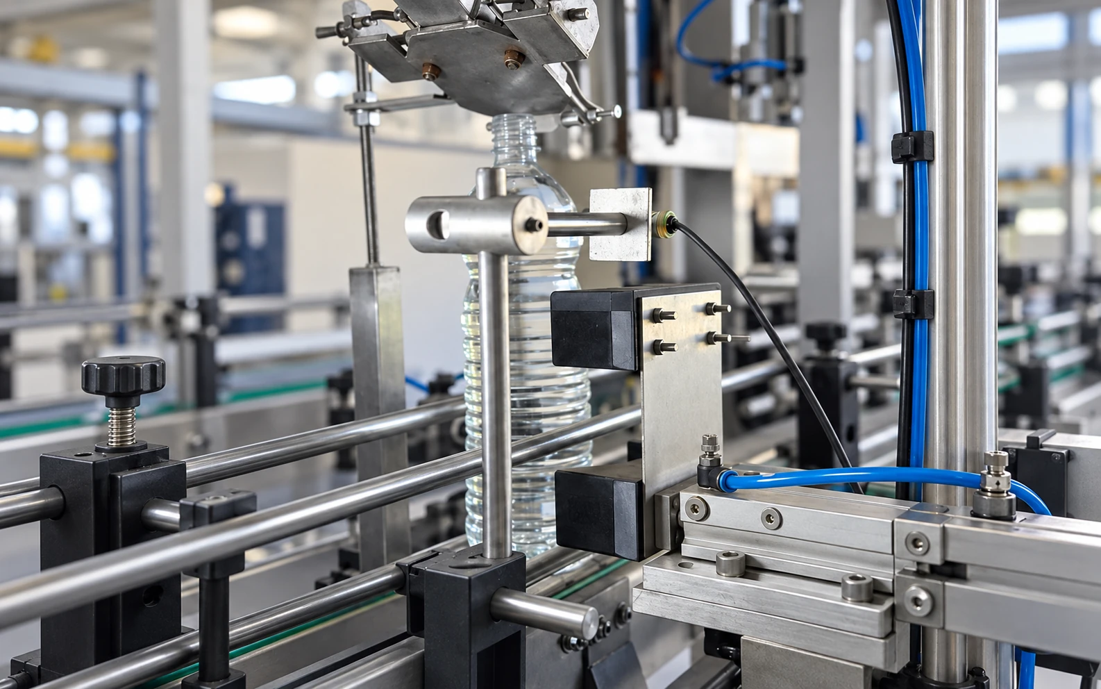 Detalle de una botella y las guías de ajuste de la etiquetadora automática de IHM
